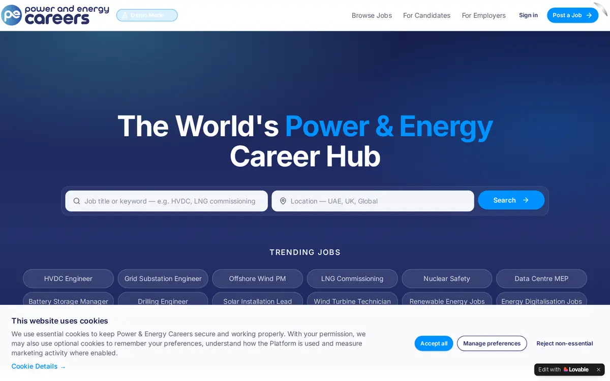 Power & Energy Careers product interface screenshot